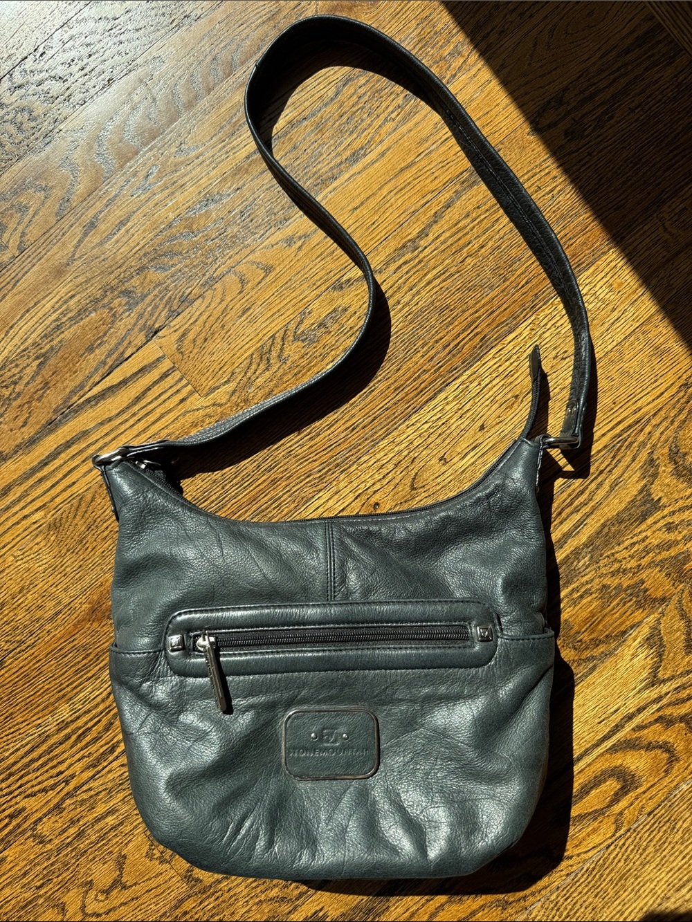 Stone Mountain Genuine Leather Black Bluish Crossbody Slouchy Bag